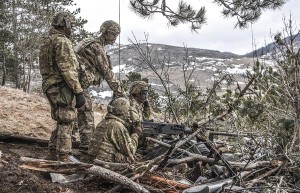 A .50 machine gun crew is given explains their employment of the weapon to 173rd Airborne Brigade Commander, Col. Jay Bartholomees, as the Brigade Support Battalion conducts base defense live fire training in Slovenia.
